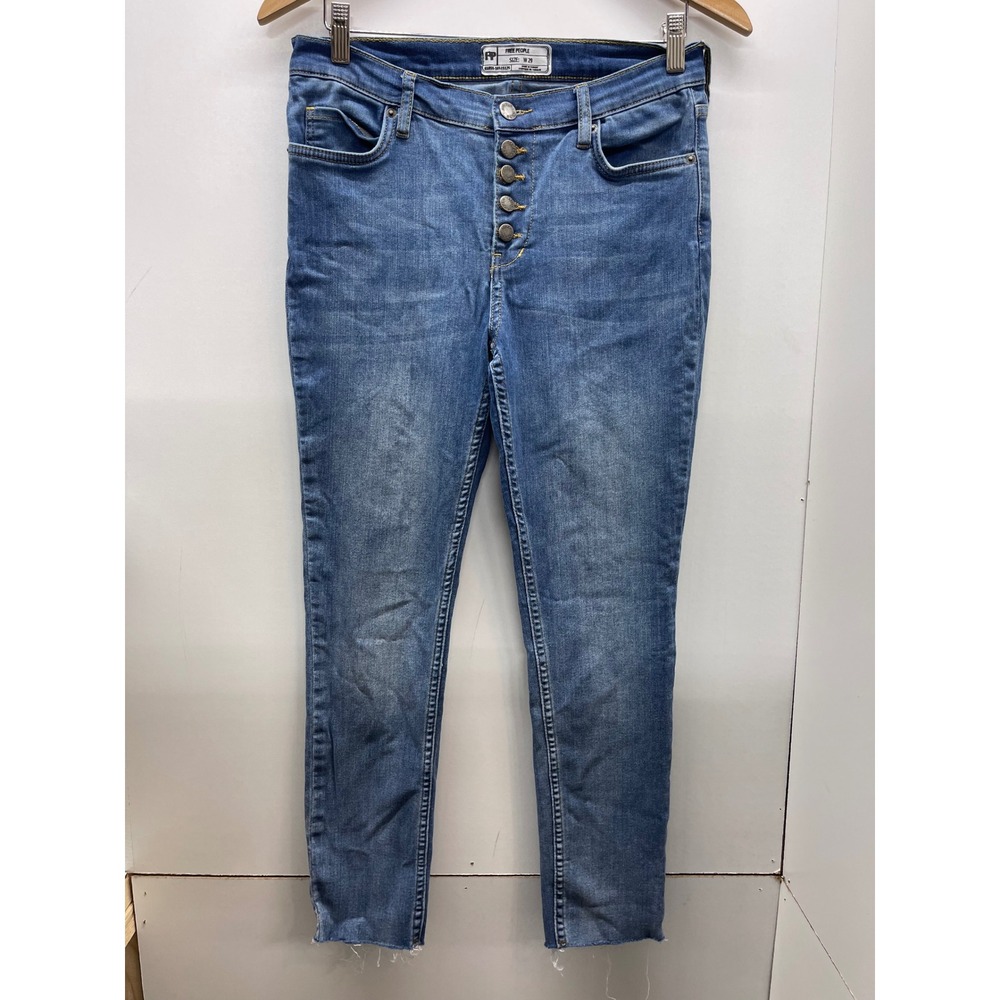 Free People Womens High Rise Skinny Jeans Medium Wash Button Fly Raw Hem 29